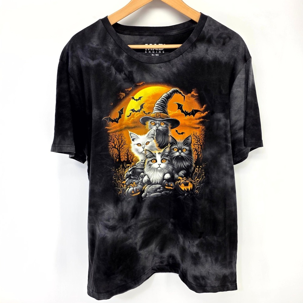 Mad Engine Halloween Cats T Shirt Men XL Black Tie Dye Witch Bats Spooky Graphic